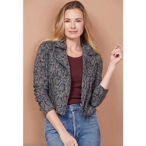 Lemon Tart James Moto Jacket Grey Snake Print Knit M Biker Cropped